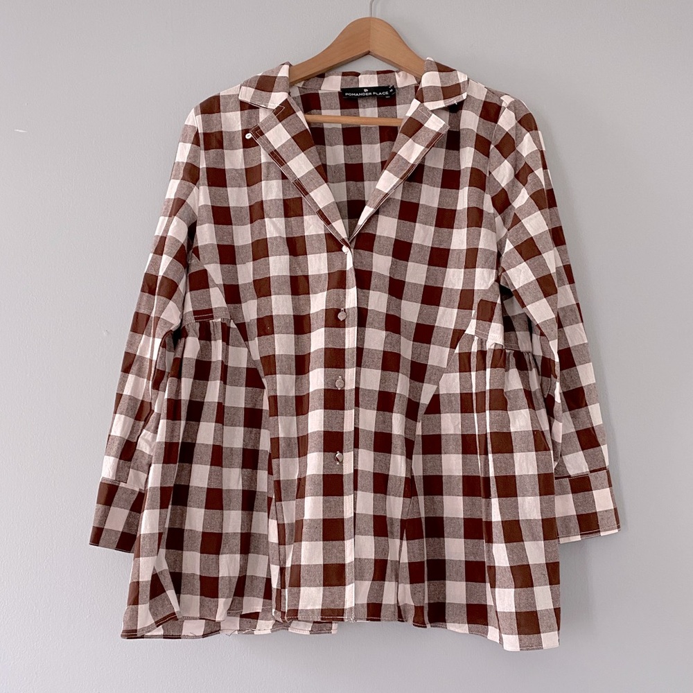 Pomander brown white checkered plaid babydoll button down long sleeve top medium